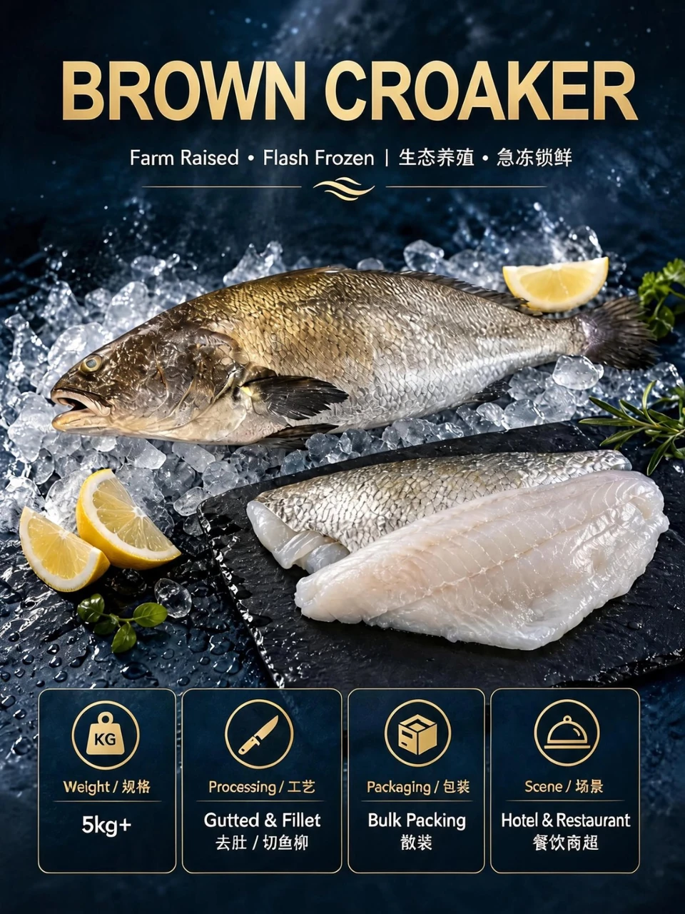 Frozen brown croaker &mdash; a whole fish and a fillet on ice, with size and packing details