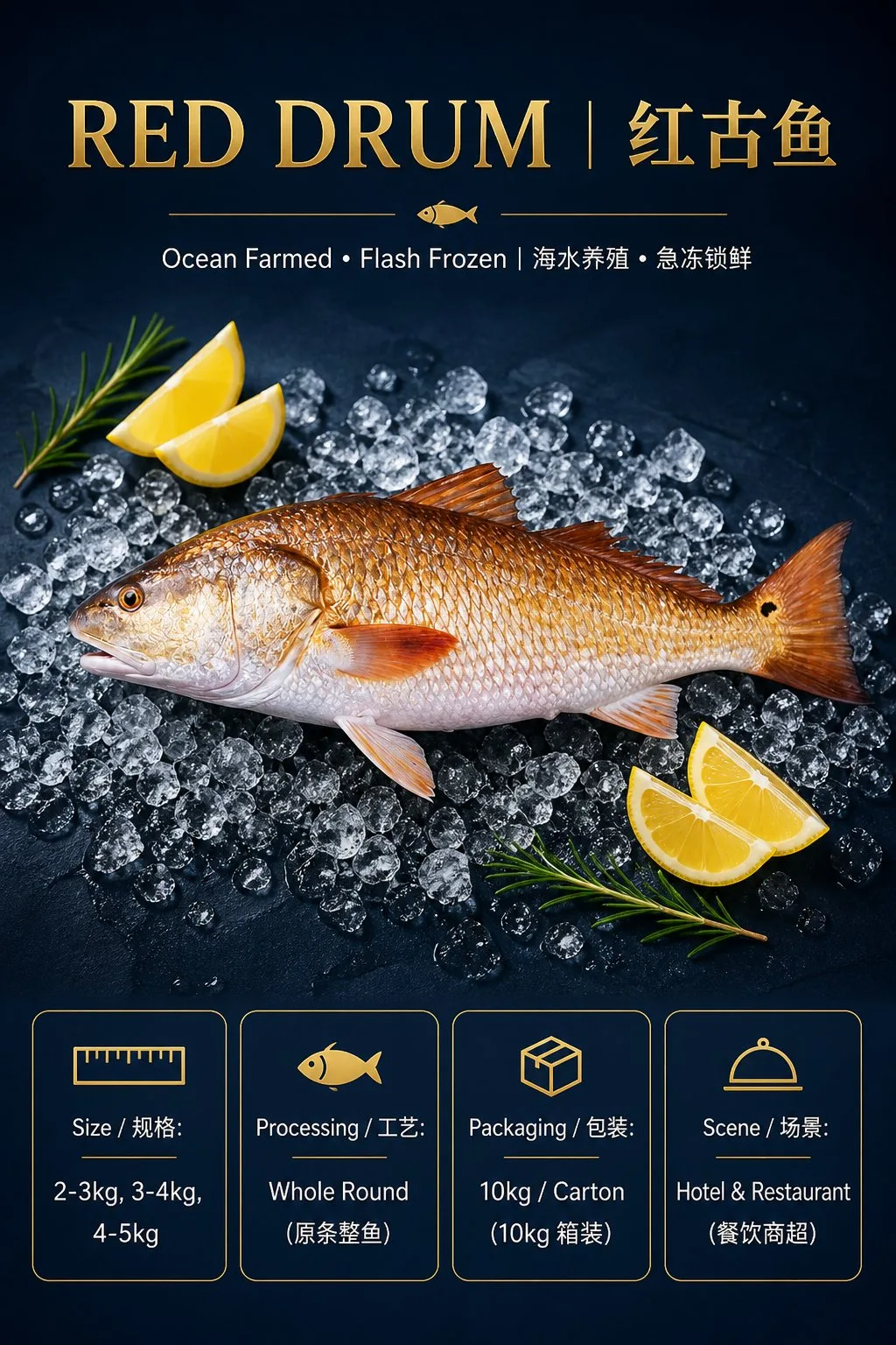 Red drum &mdash; ocean farmed, flash frozen, whole round 2&ndash;5 kg, 10 kg carton