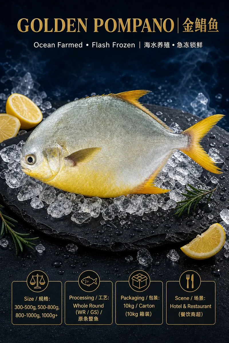 Golden pompano &mdash; ocean farmed, whole round 300 g&ndash;1 kg+, 10 kg carton