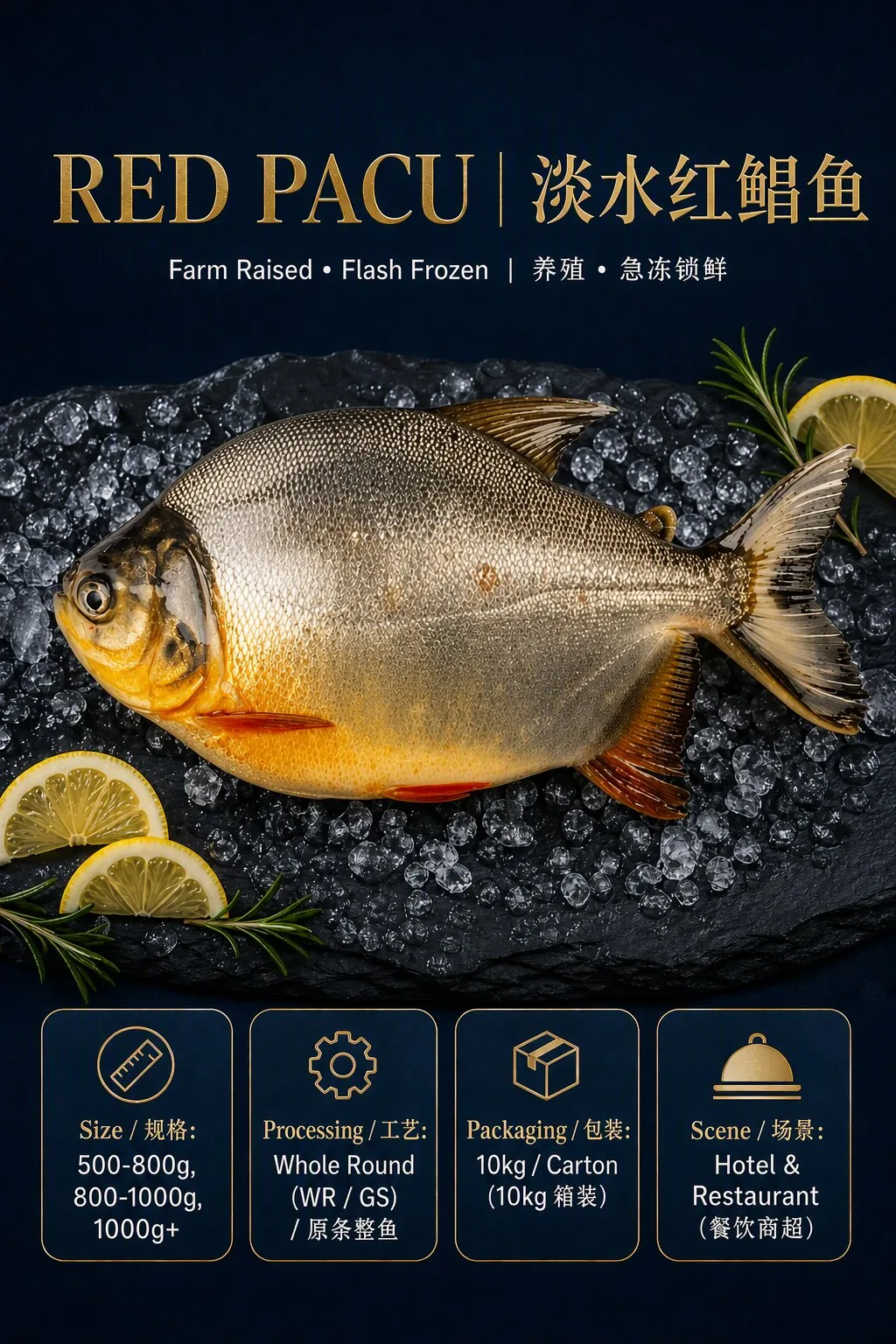 Red pacu &mdash; farm raised, flash frozen, whole round 500 g&ndash;1 kg+, 10 kg carton