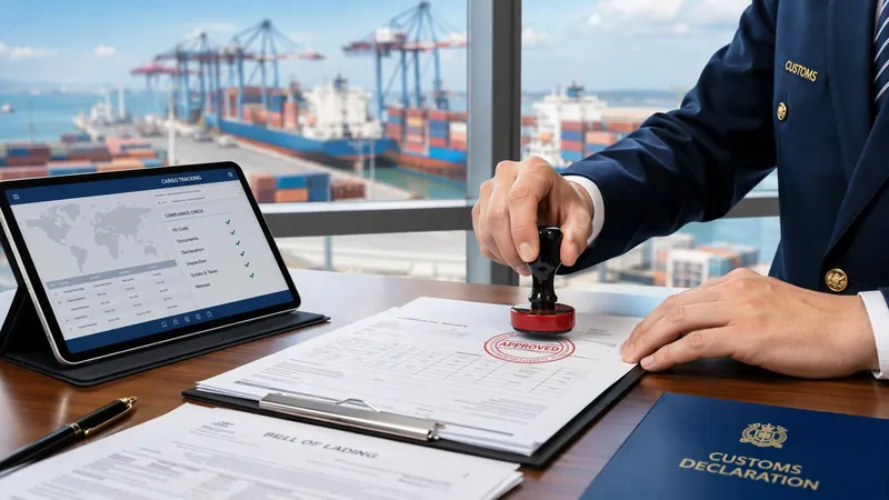 Customs officer stamping an approved export declaration