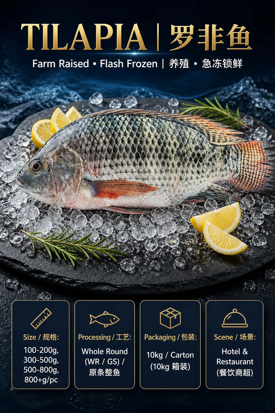 Frozen tilapia on ice with lemon &mdash; farm raised, with size and packing details