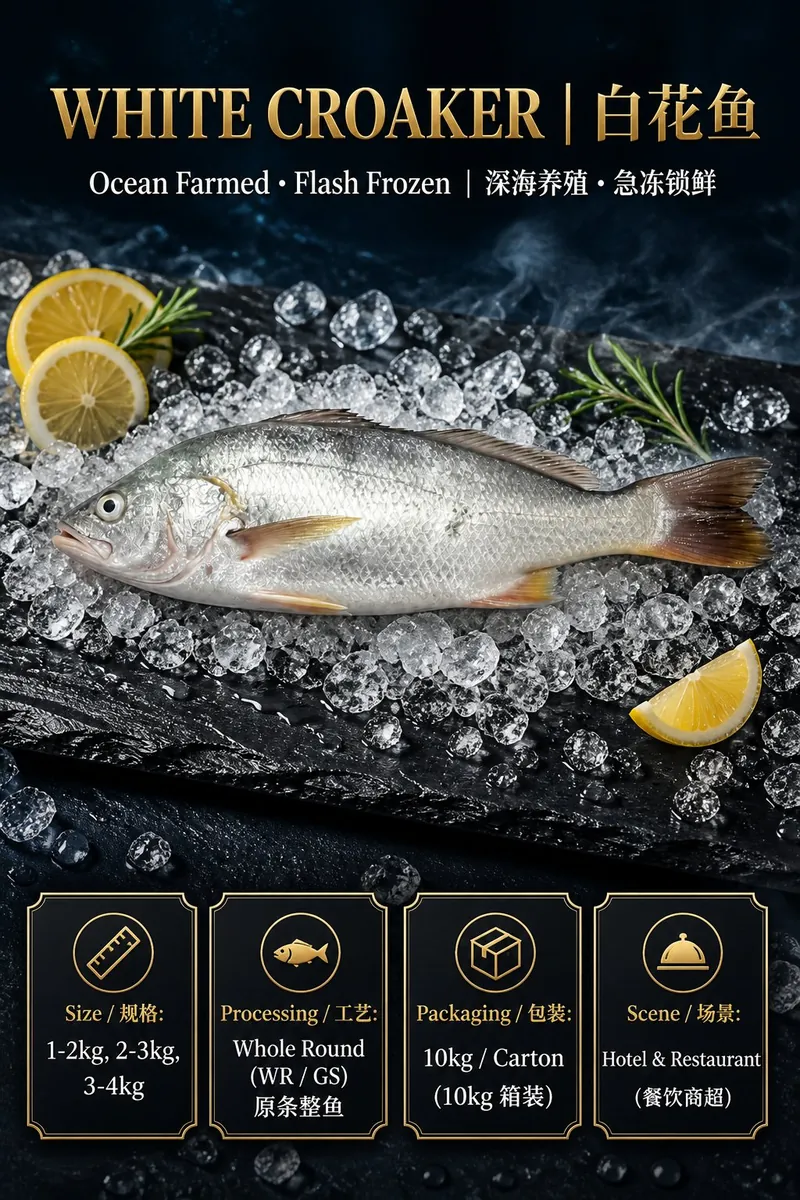 White croaker &mdash; deep-sea farmed, whole round 1&ndash;4 kg, 10 kg carton